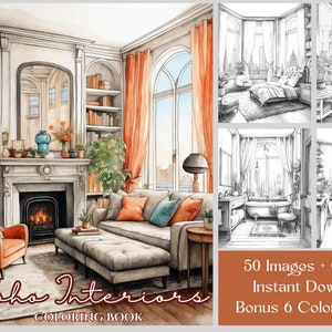 May include: A coloring book cover featuring a watercolor illustration of a living room interior with a fireplace, a couch, and a bookshelf. The text "Boho Interiors Coloring Book" is at the bottom of the image. There are four smaller images of different rooms in black and white, and the text "50 Images + Covers Instant Download Bonus 6 Color Images" is at the bottom right.