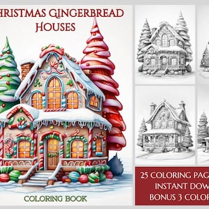 25 Christmas Gingerbread Houses - Fantasy Christmas House Coloring Book - Printable PDF Gingerbread House Coloring Book - Grayscale Coloring