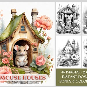 45 Mouse Coloring Pages - Mouse Houses Grayscale Coloring Book - Fantasy Mouse Cottage, Treehouse, Flower Coloring Pages - Instant Download