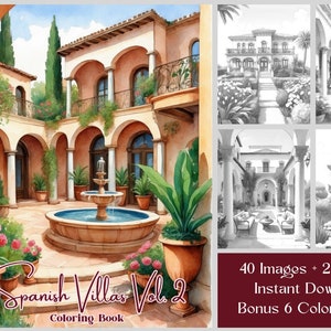 40 House Coloring Pages, Spanish Seaside Villas Volume 2, Printable Fantasy House Coloring Pages, Grayscale Coloring Book for Adults