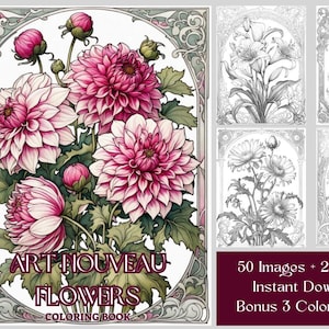 50 kwiatów Kolorowanka PDF, Kwiaty Art Nouveau, Kolorowanki dla dorosłych i dzieci, Natychmiastowe pobieranie, Kolorowanka w skali szarości, Wydrukuj PDF