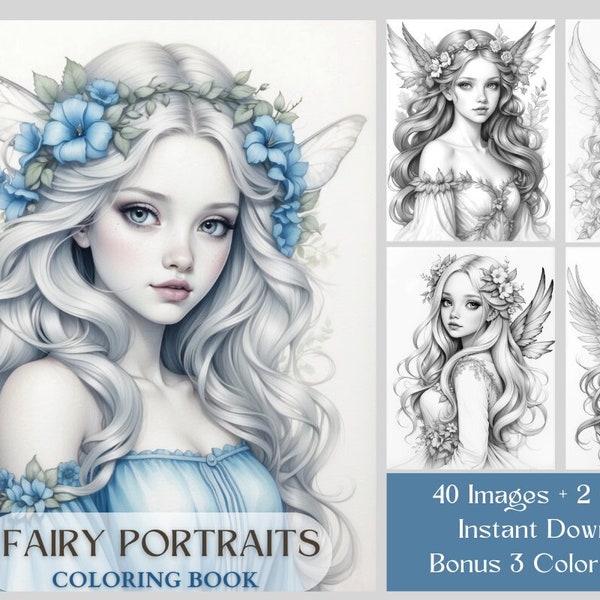 40 Fairy Coloring Pages - Fairy Portraits Coloring Book PDF - Fantasy Coloring Book For Adults or Kids - Grayscale Printable Coloring Book