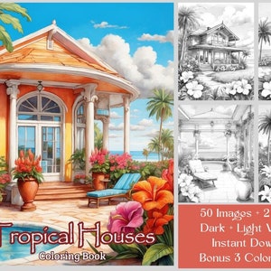 50 Tropical Houses Coloring Pages, Beach Houses Printable Grayscale Coloring Book, Pool, Patio, Beach Scenes, Adult Coloring Book, PDF