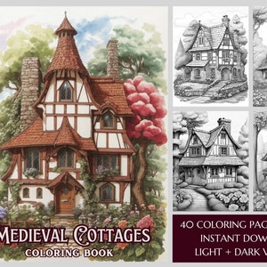 40 Mittelalter Cottages Malbuch - Ausmalbilder von Fantasy Cottages - Cottagecore Malseiten - druckbare PDF Graustufen-Haus ausmalen
