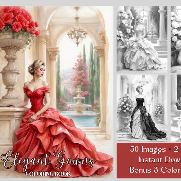 50 Pretty Ladies Coloring Pages - Women In Elegant Gowns Coloring Book - Dresses Coloring - Women Coloring Book PDF - Instant Download