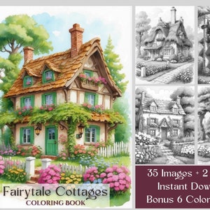 35 Fairytale Cottage Coloring Pages, Cute Country Cottages Coloring Book for Kids or Adults, Grayscale Printable Cottagecore Coloring Book