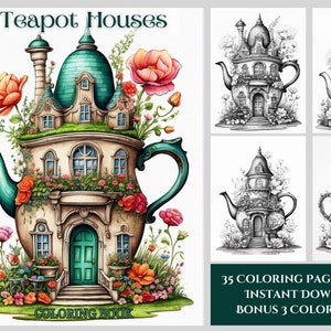 Könnte beinhalten: Ein Malbuch mit 35 Seiten voller Teekannenhäuser mit filigranen Details und floralen Akzenten. Das Cover zeigt eine farbenfrohe Illustration eines Teekannenhauses mit grünem Dach und einer Tür. Das Buch enthält außerdem 3 Farbbilder.  "Teapot Houses" und "Coloring Book" sind auf dem Cover gedruckt.