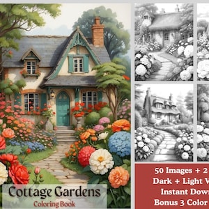 50 Cottage Gardens Coloring Book - Printable Adult Coloring Pages - Cottage, Flower, Garden, House Coloring - Grayscale Coloring Book PDF