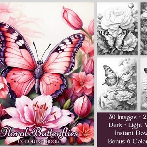 30 Butterfly Coloring Pages, Floral Butterflies Coloring Book, Printable Grayscale Coloring Book, Adults & Kids Coloring, Fantasy Coloring