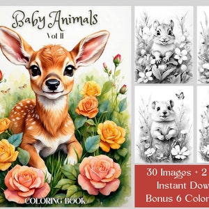 30 種類の赤ちゃん動物のぬり絵 - 子供や大人向けの花と愛らしい赤ちゃん動物のぬり絵 - グレースケールのぬり絵 - 野生動物のぬり絵