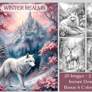 May include: A coloring book titled "Winter Realms" featuring a white wolf, a castle, and other winter-themed illustrations. The cover art is in shades of pink, blue, and white. The book includes 25 images, 2 covers, and bonus color images.