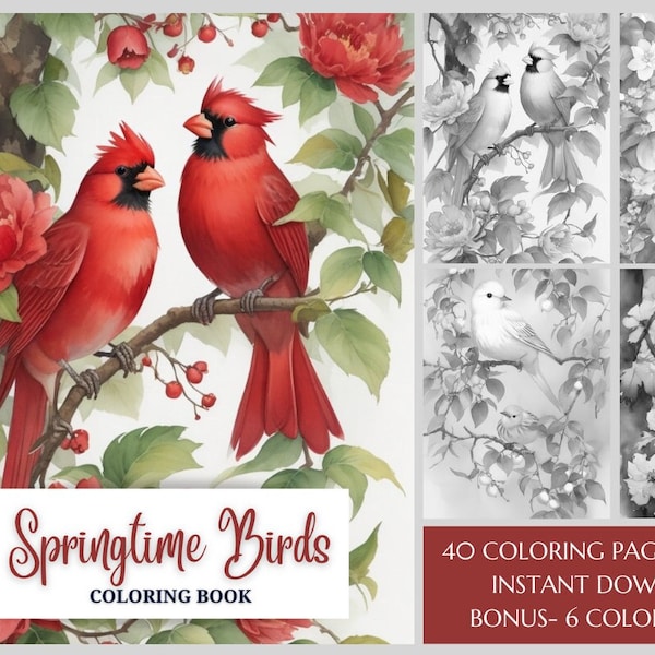 40 Bird Coloring Pages - Springtime Birds Coloring Book for Kids & Adults - Birds and Flowers Grayscale Coloring Book PDF - Instant Download
