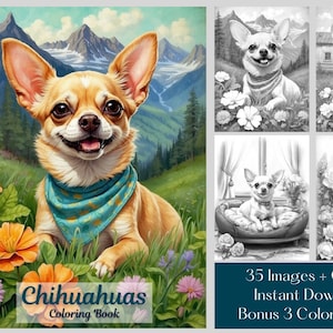 35 Chihuahua Coloring Book- Adorable Dog Coloring Pages - Printable Dog Coloring Book PDF - Instant Download- Grayscale Adult Coloring