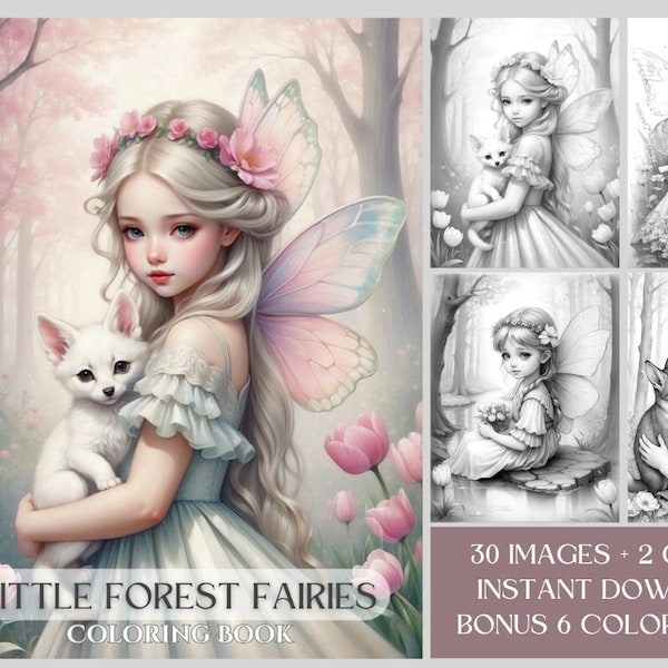 30 Little Fairies Coloring Book - Fairy Girls with Animals Fairy Coloring Pages - Instant Download Printable - Grayscale Coloring Book PDF