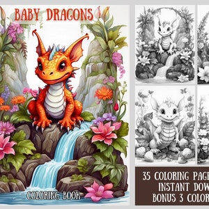 35 Baby Dragons Coloring Pages - Dragons Coloring Book for Adults - Printable PDF Coloring Pages - Instant Download - Grayscale Coloring
