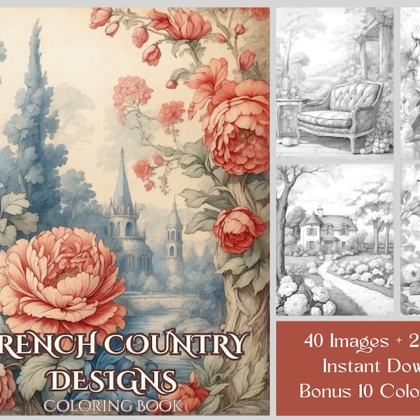 40 Interior Design Coloring Pages - French Country Design Coloring Book - French Toile, Birds, Flowers, Cottages, Landscape Coloring Pages