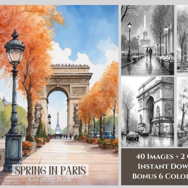 40 Paris Coloring Pages - City Coloring Book - Paris Cityscape Coloring Book - Grayscale Adult Coloring Book PDF- Instant Download