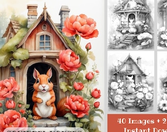 リスの家の塗り絵：ファンタジーコテージ、ツリーハウス、季節の風景など40種類の塗り絵（印刷可能なPDF）
