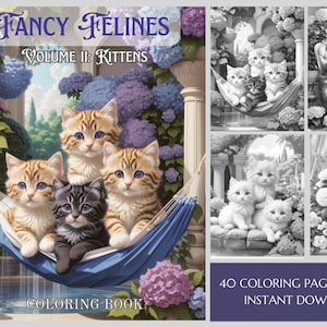 40 Fancy Kittens Coloring Pages- Cute Kittens Coloring Book for Adults - Cat Coloring Pages - Instant Download - Grayscale Coloring Book PDF