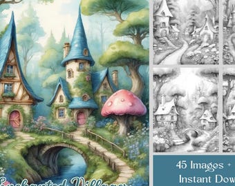 Libro para colorear de Pueblos Encantados: 45 casas de hadas de fantasía (Escala de grises imprimible) (Descarga digital)