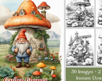 Gnome Coloring Book: 30 Garden Gnome Grayscale Pages, Printable PDF
