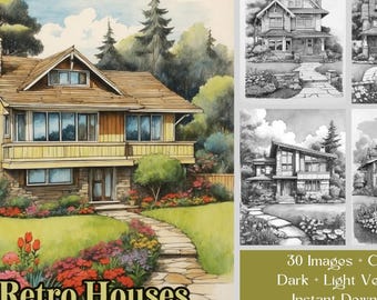 1970s Retro Homes Coloring Book: Grayscale Vintage House Designs, Printable PDF