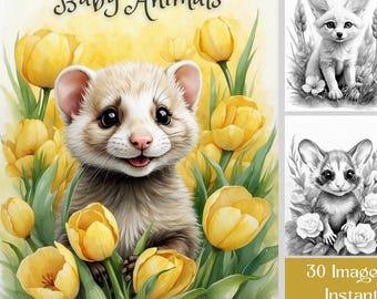 Kleurboek babydieren: 30 kleurplaten in grijstinten, afdrukbare pdf, digitale download