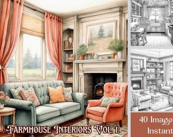 Bauernhaus Dekor Malbuch: 40 Graustufen Interior Design Seiten, druckbare PDF-Datei, digitaler Download