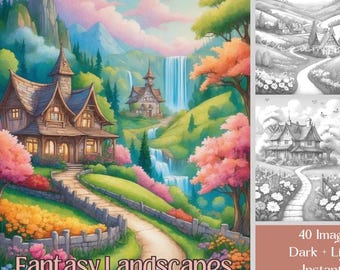 Fantasy Landscapes Grayscale Coloring Book: 40 Printable Nature Scenes, Printable PDF, Digital Download