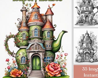 Fairy Teapot Houses Coloring Book: 35 Fantasy Grayscale Pages, Printable PDF Download