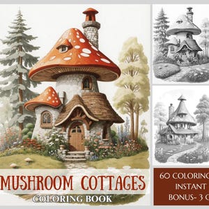Può includere: Un libro da colorare intitolato MUSHROOM COTTAGES con una grande illustrazione colorata di una casa in pietra a forma di fungo con un cappello rosso. La copertina include tre schizzi più piccoli in bianco e nero e del testo.