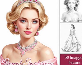 Princess Coloring Book: 50 Royal Fashion Grayscale Pages (Printable PDF)
