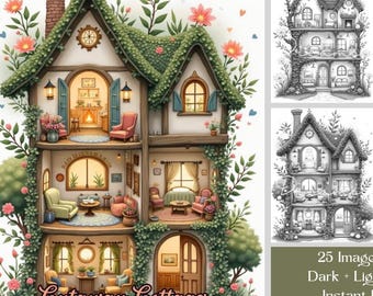 Cutaway Cottage Coloring Book: 25 Isometric House Grayscale Pages, Printable PDF, Instant Digital Download