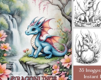 赤ちゃんドラゴンの塗り絵：35枚のドラゴンの子のグレースケールページ、印刷可能なPDF、ファンタジー塗り絵