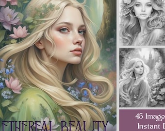 Ethereal Beauty Malbuch: 45 Graustufen-Seiten, druckbare PDF-Datei, digitaler Download