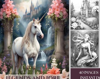 Fantasy Coloring Book: 40 Grayscale Pages, Legends and Lore, Unicorns, Dragons, Mermaids, Printable PDF