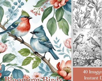 Blooming Birds Coloring Book: 40 Grayscale Floral Pages, Printable PDF, Instant Digital Download