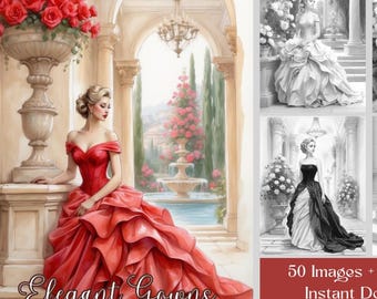 Elegant Gowns Coloring Book – 50 Fashionable Dresses, Printable PDF (Digital Download)