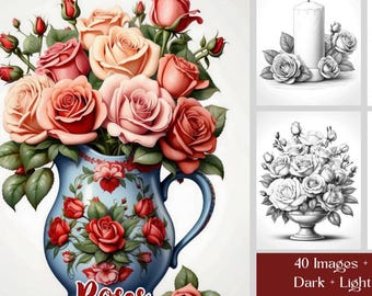 Roses Coloring Book: 40 Floral Grayscale Pages, Printable PDF, Adult Coloring Book, Digital Download