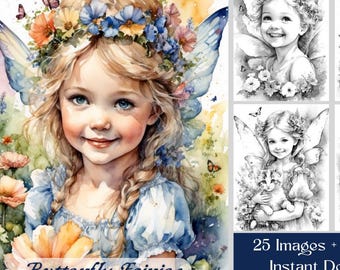 Butterfly Fairies Coloring Pages: 25 Grayscale Images, Printable PDF, Digital Download