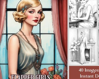 フラッパーガールズぬりえ、1920年代ファッション、グレースケール40ページ、印刷可能なPDF