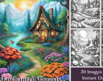 Enchanted Forest Coloring: 30 Grayscale Fantasy Pages, Printable PDF