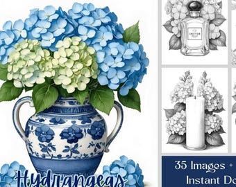 アジサイの塗り絵：モノクロの花柄デザイン35種類（印刷可能なPDFファイル）