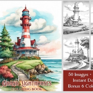 以下が含まれることがあります： Grand Lighthousesというタイトルの塗り絵で、海岸の崖の上に立つ赤と白の灯台の水彩画、4枚の白黒の灯台のスケッチ、および50 Images + 2 Coversというテキストが記載されています。