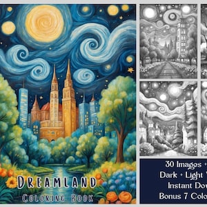 Libro da colorare di paesaggi urbani: 45 pagine da colorare in stile Pop Art in scala di grigi, PDF stampabile, download immediato.
