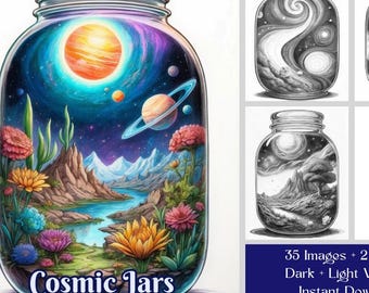 Space Coloring Book: 35 Cosmic Jars, Fantasy Galaxies Printable PDF Coloring Pages