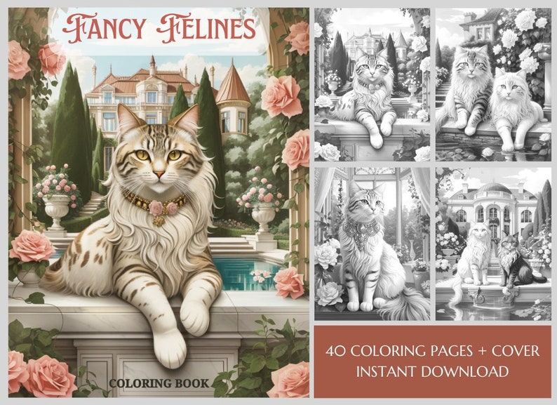 40 Fancy Felines Coloring Pages Instant Download.