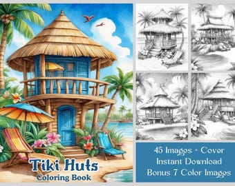 Kolorowanka „Tiki Hut”: Tropikalny raj na plaży (wersja cyfrowa, 45 stron)