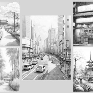 May include: A black and white drawing of a Japanese city street scene with tall buildings, cars, and pedestrians. The street is lined with shops and businesses.