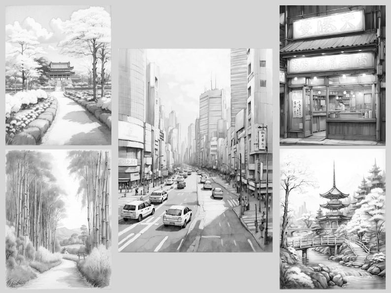 May include: A black and white drawing of a Japanese city street scene with tall buildings, cars, and pedestrians. The street is lined with shops and businesses.